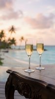 Two champagne flutes filled with sparkling wine on ornate wooden table at tropical beach resort during golden hour sunset with palm trees and turquoise ocean.