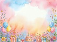 Watercolor celebration background with pastel balloons, gift boxes, birthday cake, confetti ribbons, and colorful flowers on white space. Perfect for party invitations, greeting cards, and festive designs.