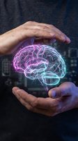 Protective hands surrounding glowing holographic brain with neon pink and blue light effects representing mental health care and cognitive protection.