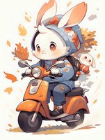Cute cartoon bunny character in denim outfit riding orange scooter with small companion in autumn setting, falling maple leaves on light background. Isolated illustration.