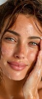 Young Caucasian woman with wet skin and water droplets touching face after shower or skincare routine with natural glow and freckles for beauty concepts.