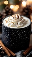 Hot chocolate topped with whipped cream and cocoa powder in black polka dot mug, with cinnamon sticks and pine cones, warm bokeh lights background.