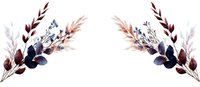 Symmetrical watercolor floral arrangement with burgundy and navy leaves, delicate branches in soft pink and purple hues on white background, isolated design element.