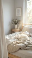 Serene bedroom interior with white cat resting on unmade beige bedding, wooden nightstand with potted eucalyptus, minimalist line art, natural window light for home decor and lifestyle content.