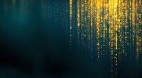 Glowing golden particles falling like digital rain against dark teal background, creating magical light effect for technology and data visualization concepts.