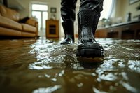 Black rubber boots standing in flood water inside living room with floating debris and water damage, dramatic low angle view showing water ripples and reflection.