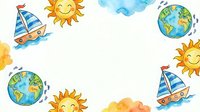 Sailboat with smiling sun, globe and clouds in watercolor style, seamlessly tiling into a single background for children's designs, educational materials and nursery decor.