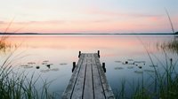 Wooden pier extending into calm lake at sunset with pink sky reflection, surrounded by tall grass and peaceful water surface for relaxation concepts.