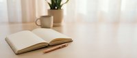 Open book on wooden desk with coffee cup and plant in bright natural light creating peaceful reading atmosphere for study and relaxation.