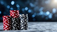 Stacks of red and black poker chips on textured surface against blurred blue bokeh background, creating dramatic casino gaming atmosphere.