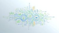 Digital technology network with hexagonal icons and circuit board patterns on white background for business presentations and tech concepts.
