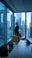 Mature woman professional in dark blazer standing in modern high-rise office with panoramic city skyline views through floor-to-ceiling windows, conference table in foreground, corporate workspace.