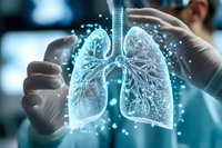 Medical professional in scrubs examining glowing holographic lung model with digital particles effect in modern healthcare facility. Innovative respiratory medicine.