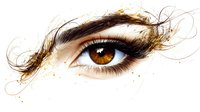 Artistic close-up of brown eye with dramatic black and gold swirling abstract elements, long eyelashes and detailed iris on white background for beauty and fashion designs.