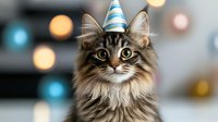 Fluffy Maine Coon cat wearing blue striped party hat against blurred festive bokeh background. Long-haired tabby feline celebrating birthday or holiday event.