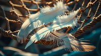 Delicate white feathers floating gracefully through golden rope net with warm sunlight creating magical bokeh effect and ethereal atmosphere.