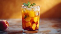 Refreshing peach iced tea in glass with fresh mint garnish and ice cubes, diced peach pieces floating in drink against warm golden background, summer beverage.