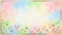 Watercolor Easter background with pastel colors, bunny rabbits, eggs, and spring flowers in soft pink, blue, and yellow tones, isolated on white with decorative gold border frame, suitable for greeting cards, invitations, and seasonal designs.