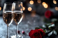 Two champagne flutes filled with sparkling wine against dark background with bokeh lights and red roses creating romantic Valentine's Day or anniversary atmosphere.