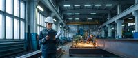 Young male worker in hard hat and safety gear operating welding equipment in industrial factory setting with sparks flying and metal structures visible.