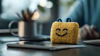 Cheerful yellow knitted emoji cushion with happy face on laptop keyboard, soft bokeh background creates cozy home office atmosphere.
