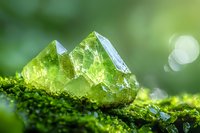 Green fluorite crystal formation on moss covered surface with soft bokeh background and natural sunlight creating magical forest atmosphere.