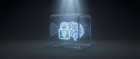 Holographic brain with padlock symbol inside transparent cube, representing cybersecurity, artificial intelligence protection, and digital data encryption technology for secure computing solutions.