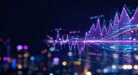 Financial data visualization with glowing purple and blue stock market charts, graphs and analytics displayed on dark background with bokeh lights.