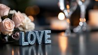 Romantic composition with illuminated LOVE sign and soft pink roses against blurred candlelight background creating intimate atmosphere for wedding or Valentine's day celebration.