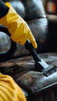 Professional cleaning of leather sofa with steam cleaner and brush attachment, wearing protective yellow rubber gloves for deep furniture maintenance.