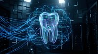 Digital holographic tooth with glowing neural network connections in futuristic medical technology environment for dental healthcare innovation concepts.
