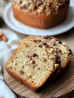 Homemade cranberry walnut bread slices on wooden cutting board with whole loaf on white plate, perfect for breakfast or snacking recipes.