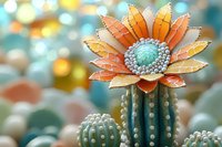 Decorative ceramic cactus with large orange sunflower bloom and turquoise center against soft bokeh background, featuring detailed beaded texture and pastel color palette.
