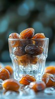 Fresh dates in clear faceted glass with soft turquoise bokeh background. Sweet dried fruit composition for healthy snacking and natural desserts.