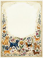 Watercolor decorative frame with cute dogs, flowers, and paw prints, featuring golden retriever, pug, corgi, and dachshund breeds with copy space.