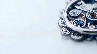 Macro view of luxury watch mechanism with blue tinted gears and metal components on white background, showcasing precision engineering and intricate mechanical details.