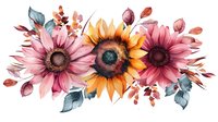 Watercolor floral arrangement with pink and yellow sunflowers, dusty blue leaves, and coral buds in horizontal composition. For wedding stationery and home decor.