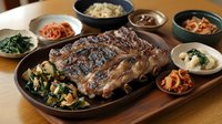 Grilled Korean-style beef short ribs served on dark plate with traditional banchan side dishes including kimchi, spinach, and pickled vegetables on wooden serving board.