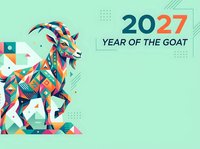 Colorful geometric goat illustration on mint background with 2027 year of the goat text, ideal for lunar new year celebrations, greeting cards, and festive design projects.