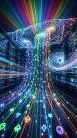Digital brain with rainbow data streams and geometric networks in futuristic cyber environment for artificial intelligence and technology concepts.