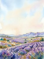 Lavender field landscape with rolling hills, mountains, and wildflowers under soft pastel sky. Watercolor painting style artwork for home decor, wall art, and design projects.