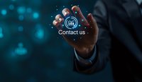 Business professional touching virtual contact us button with glowing network connections, perfect for customer service and digital communication concepts.