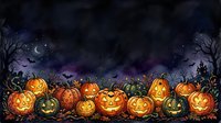 Glowing jack-o-lanterns with carved faces line a spooky nighttime scene beneath a crescent moon and bare trees, perfect for seasonal marketing and Halloween designs.