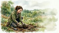 Young woman gardener planting seedlings in organic vegetable garden during spring season. Sustainable farming and eco-friendly agriculture concept.