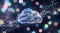 Glowing wireframe cloud with digital network connections and colorful bokeh lights on dark background, representing cloud computing and data technology.