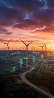 Smart grid technology connecting wind turbines at sunset with digital network overlay showing renewable energy infrastructure and power distribution systems.