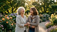 Senior woman with white hair and middle-aged woman with brown hair walking together through blooming garden with yellow and purple flowers, enjoying outdoor time.