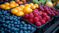 Fresh organic berries and citrus fruits in market containers, vibrant display of blueberries, raspberries and oranges arranged in plastic punnets, healthy food concept.