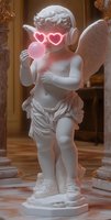 Cherubic statue wearing neon heart-shaped sunglasses and headphones, holding glowing pink bubble gum, blowing bubble in ornate classical interior with columns.