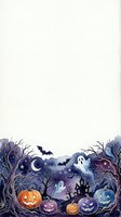 Halloween border frame with spooky ghosts, carved pumpkins, bats and haunted house on white background for seasonal design projects.